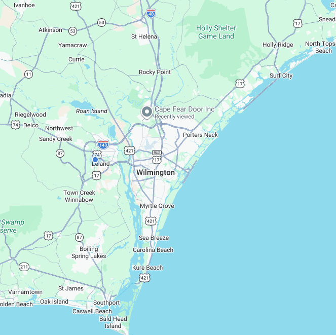 Map showing Wilmington Home Services' service area around Wilmington, North Carolina